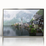 Large art print of a serene Austrian landscape in soft pastel colors, framed in silver acrylic.