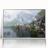 Mid-century modernist art depicting a scenic Austrian landscape in muted earth tones on a white-framed acrylic print.