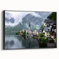 Black and white framed canvas of a vintage Austrian landscape, ideal for bedroom wall art.