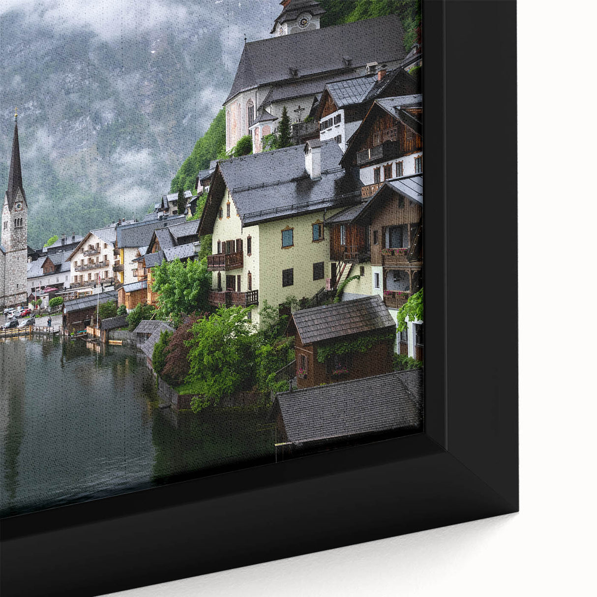 Extra large black wall art depicting a textured Austrian scenery in colorful tones, framed canvas.