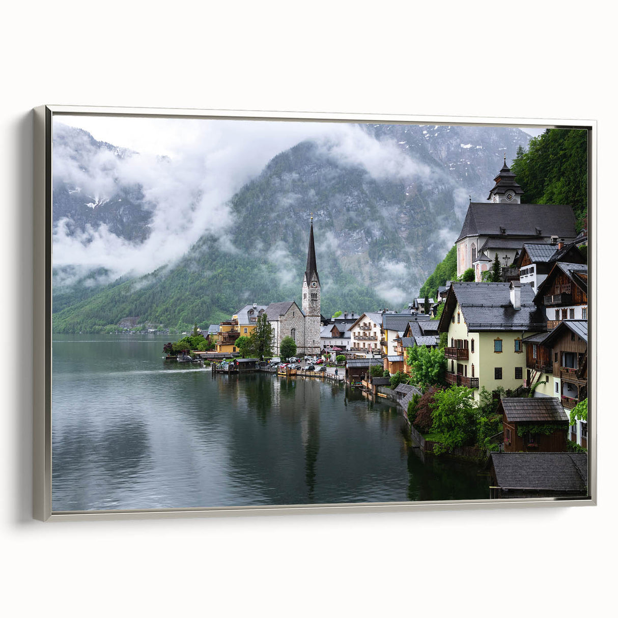 Landscape painting of an Austrian village in muted earth tones on a framed canvas, ideal for bedroom wall decor.