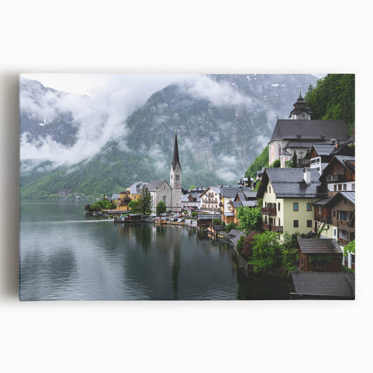 Black and white stretched canvas of a scenic Austrian landscape, ideal for kitchen wall art or bedroom decor.