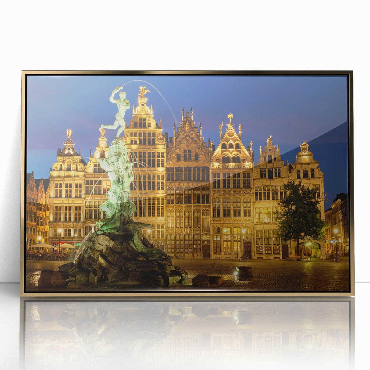 Art deco poster of a European scenic view in muted gold and green tones, acrylic print framed.