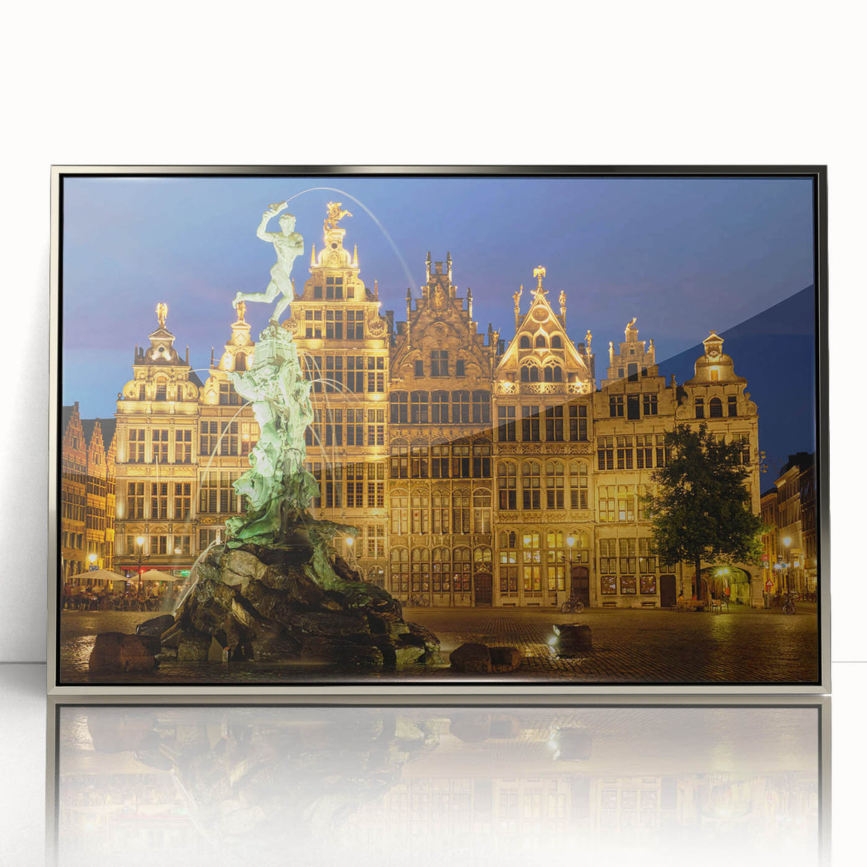 Large art print featuring a mid-century modernist European scenery in muted earth tones on a silver-framed acrylic.