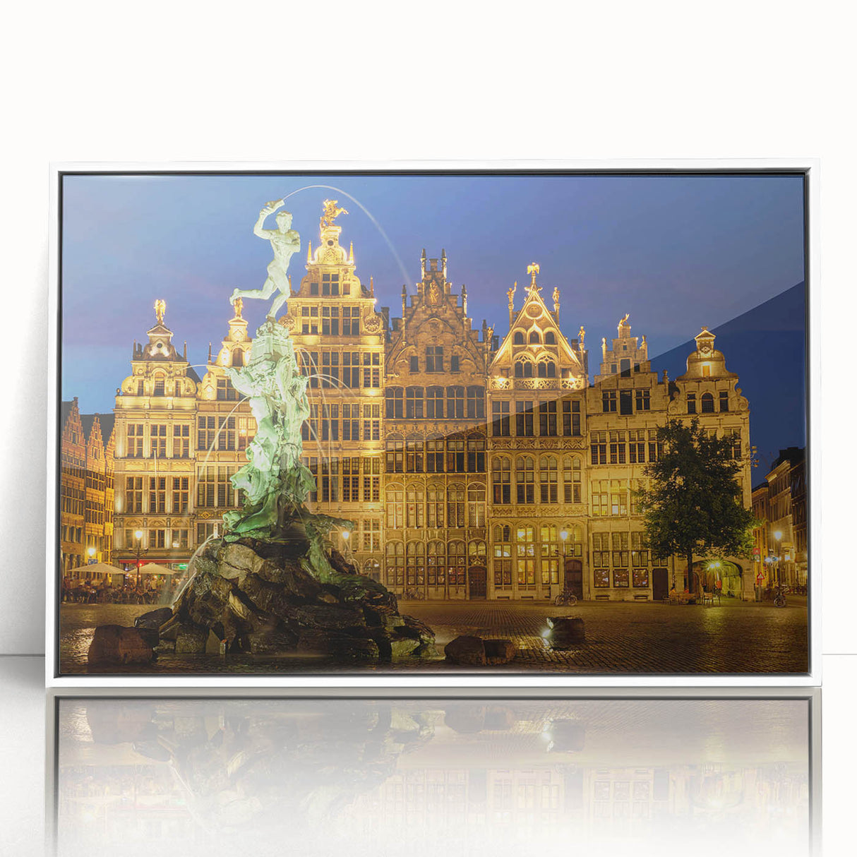 Mid-century modernist art of a European Belgium scenery in muted tones on framed acrylic, ideal for nursery wall art.