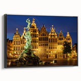 Black and white vintage poster art of a European landscape on framed canvas, suitable for bedroom decor.