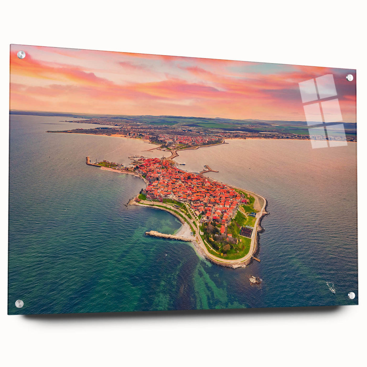 Acrylic print of a large abstract depiction of a European scenery in muted earth tones.