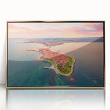 Art deco poster of a European Bulgarian scenery in muted gold tones on framed acrylic.