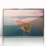 Large art print of a European Bulgarian landscape in muted earth tones, framed in silver acrylic.