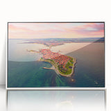 Mid-century modernist art of a Bulgarian landscape in muted earth tones, acrylic print in white frame.