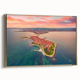 Framed canvas depicting a vintage Bulgarian landscape with muted earth tones, ideal for bedroom wall art.