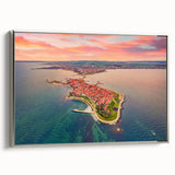 Framed canvas of a vintage Bulgarian landscape painting with vibrant colors and black edges, ideal for living room decor.