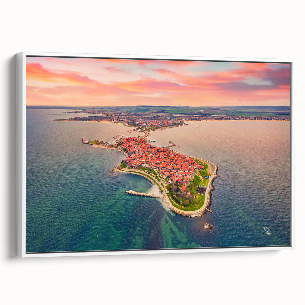 Vintage poster art of a Bulgarian landscape in vibrant colors on a large framed canvas, ideal for living room decor.
