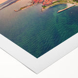 Art deco poster depicting a scenic European landscape in muted tones on rolled canvas, suitable for dining room walls.