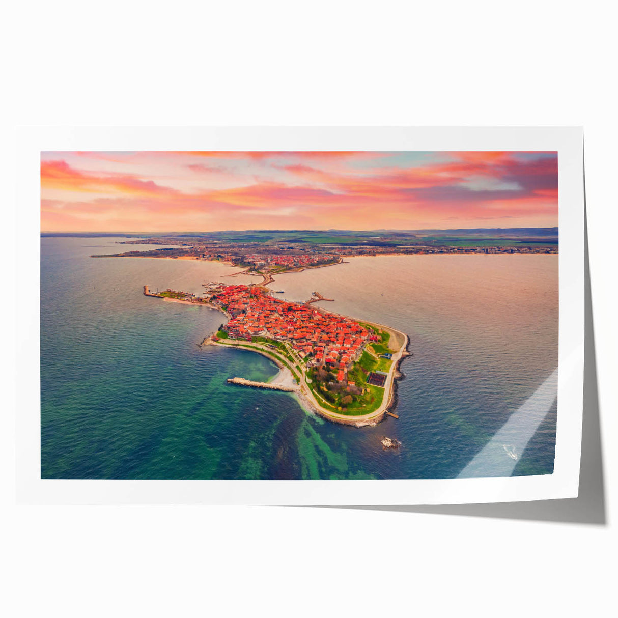 Extra large rolled print of a Bulgarian landscape with vibrant green and blue tones, ideal for art wall dining room.