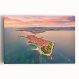 Black and white photograph of a European street scene on stretched canvas, ideal for kitchen wall art.