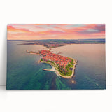 Large black and white acrylic print of a European scenery, ideal for kitchen wall art.