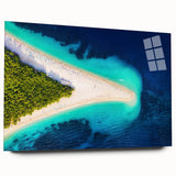 Large abstract wall art depicting a European Croatian coast scene in muted blue and green hues, acrylic print.