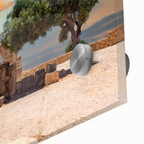 Large abstract wall art of a European Cyprus landscape in muted earth tones on acrylic glass.