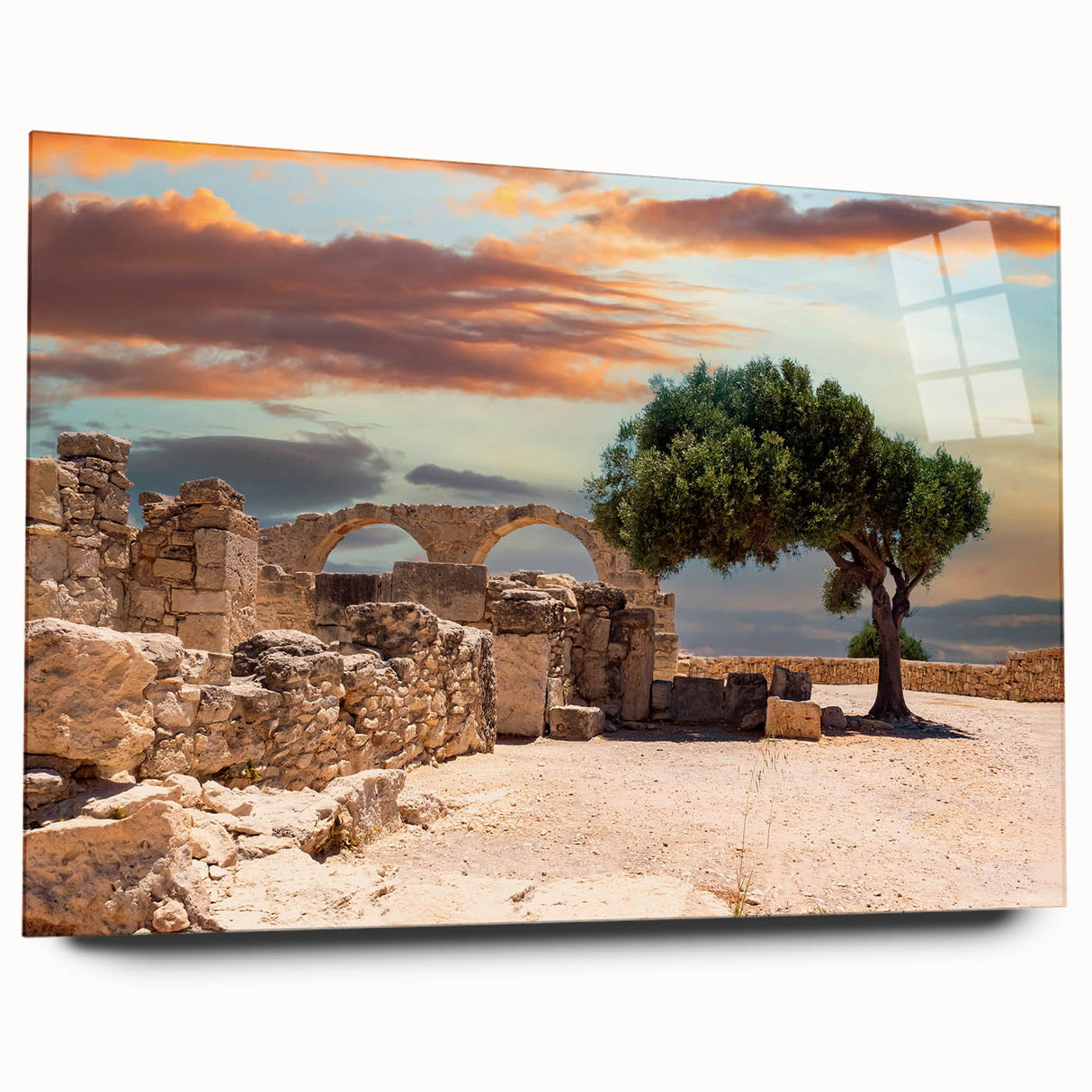 Large abstract wall art depicting a European Cyprus landscape in muted earth tones, acrylic glass.