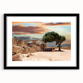 Extra large abstract art print of a colorful, textured European scenery in a black frame, ideal for living room decor.