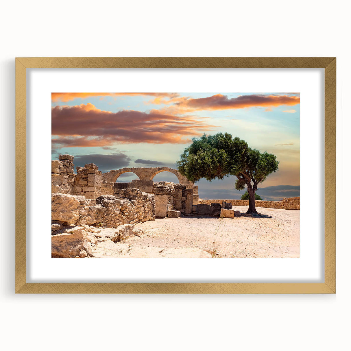 Abstract art print of a European Cyprus landscape in muted earth tones on a framed canvas, suitable for dining room decor.