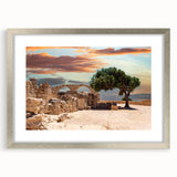 Extra large abstract art print of a European scenery in Cyprus, featuring textured brush strokes in muted earth tones.