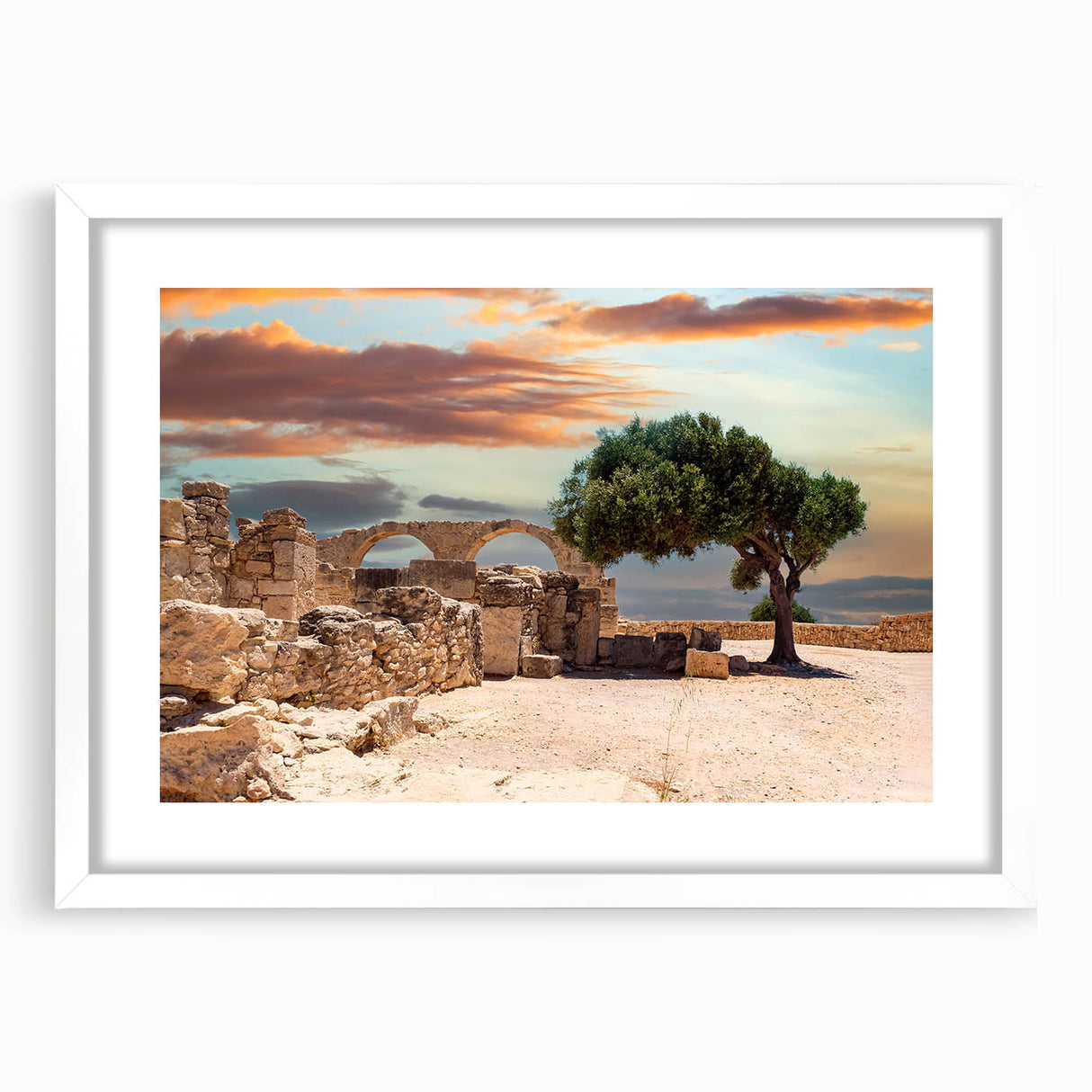 Textured abstract art print of a European Cyprus landscape in muted earth tones on a framed white canvas.