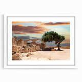 Textured abstract art print of a European Cyprus landscape in muted earth tones on a framed white canvas.