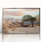 Art deco poster of a European Cyprus landscape in silver framed acrylic, suitable for modern art wall decor.