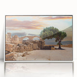 Large acrylic print of a European Cyprus landscape in muted earth tones, framed in white, suitable for modern art wall decor.