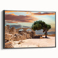 Black and white framed canvas of a vintage European landscape, ideal for bedroom wall decor.
