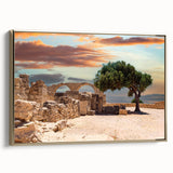 Framed canvas featuring a vintage-style landscape painting of Cyprus, in muted gold and black tones.