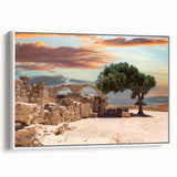 Vintage poster art of a European Cyprus scenery on a framed canvas, featuring vibrant colors, ideal for living room decor.