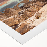 Art deco poster of a European Cyprus landscape in muted earth tones on rolled canvas, suitable for dining room decor.