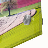 Mid-century modernist acrylic print of abstract European scenery in muted colors, ideal for dining room art.