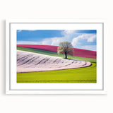 Textured art print of an abstract European scenery in muted earth tones on a white framed mat, suitable for bedroom decor.