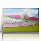 Large art print of a European Czech Republic scenery in muted earth tones, framed in silver acrylic.