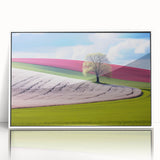 Framed acrylic print of a mid-century modernist Czech Republic scenery in muted earth tones, ideal for nursery wall art.