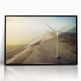 Large abstract wall art depicting a European Danish scenery in mid-century modernist style, framed in black acrylic.