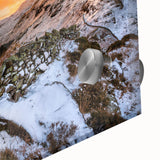 Mid-century modernist large abstract art of Cumbria landscape on acrylic glass, in muted earth tones.