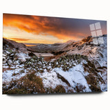 Acrylic print of a serene Cumbria landscape in muted green and blue tones, ideal for bedroom or dining room decor.