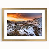 Abstract art print of Cumbria, England scenery in muted earth tones on a framed gold mat, suitable for dining room decor.