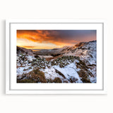 Textured art depicting abstract Cumbria scenery in muted earth tones, framed with a white mat, suitable for bedroom decor.