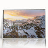 Mid-century modernist art depicting a serene Cumbrian landscape in soft pastel shades, framed acrylic.