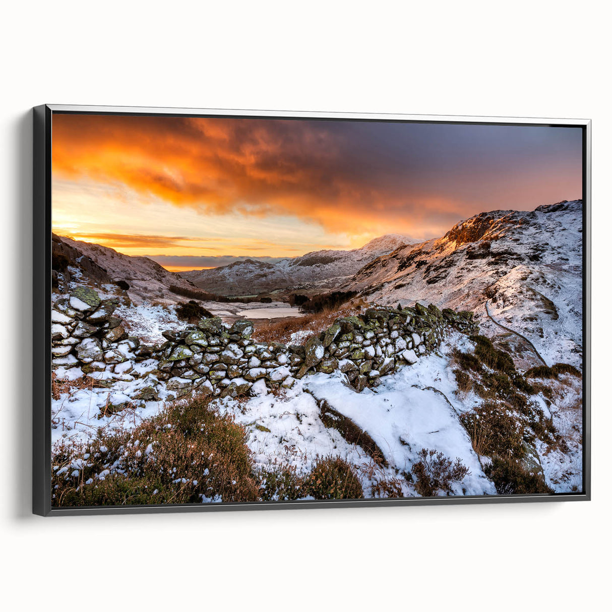 Black and white landscape art painting of Cumbria, England on framed canvas, ideal for bedroom wall decor.