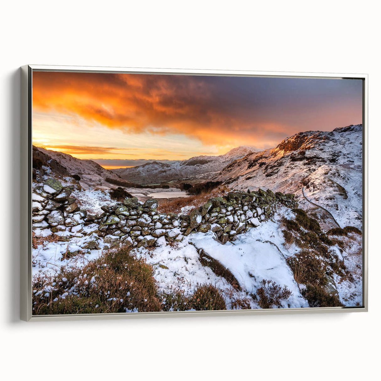 Framed canvas depicting a vintage-style landscape art painting of Cumbria, England.