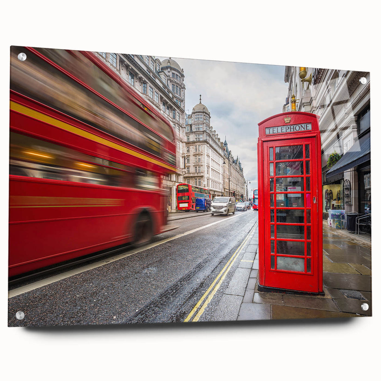 Acrylic print of London skyline in muted gray and blue tones, suitable for dining room decor.