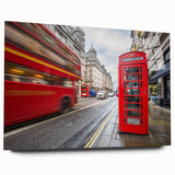 Large abstract depiction of the London skyline in muted blue and gray tones on acrylic glass.