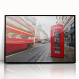 Large abstract wall art depicting the London skyline in muted gray and blue tones, framed in black acrylic.